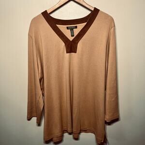 Lauren Ralph Lauren Tunic Sweater Knit Tan Brown V Neck Faux Suede Trim 3X